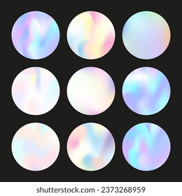 Holographic abstract backgrounds set. Gradient hologram. Spectrum holographic backdrop. Minimalistic 90s, 80s retro style graphic template for book, annual, mobile interface, web app.