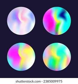Holographic abstract backgrounds set. Gradient hologram. Plastic holographic backdrop. Minimalistic 90s, 80s retro style graphic template for book, annual, mobile interface, web app.