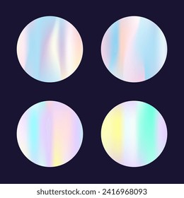 Holographic abstract backgrounds set. Gradient hologram. Rainbow holographic backdrop. Minimalistic 90s, 80s retro style graphic template for placard, presentation, banner, brochure.