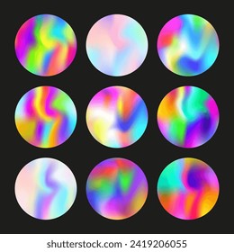 Holographic abstract backgrounds set. Gradient hologram. Vibrant holographic backdrop. Minimalistic 90s, 80s retro style graphic template for book, annual, mobile interface, web app.