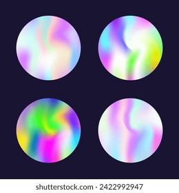 Holographic abstract backgrounds set. Gradient hologram. Vibrant holographic backdrop. Minimalistic 90s, 80s retro style graphic template for placard, presentation, banner, brochure.