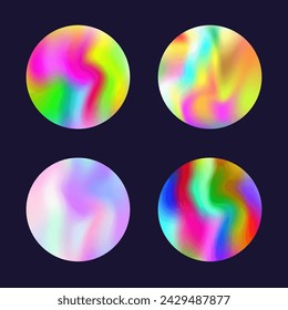 Holographic abstract backgrounds set. Gradient hologram. Plastic holographic backdrop. Minimalistic 90s, 80s retro style graphic template for flyer, poster, banner, mobile app.