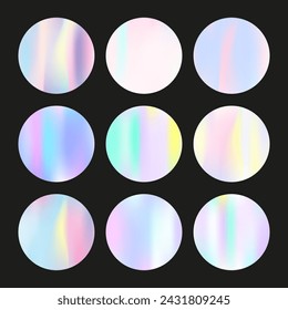 Holographic abstract backgrounds set. Gradient hologram. Colorful holographic backdrop. Minimalistic 90s, 80s retro style graphic template for flyer, poster, banner, mobile app.