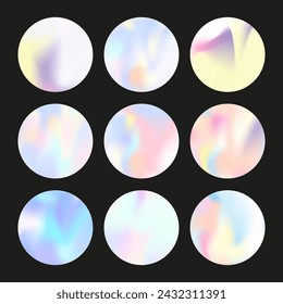 Holographic abstract backgrounds set. Gradient hologram. Pearlescent holographic backdrop. Minimalistic 90s, 80s retro style graphic template for brochure, banner, wallpaper, mobile screen.