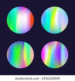 Holographic abstract backgrounds set. Gradient hologram. Pearlescent holographic backdrop. Minimalistic 90s, 80s retro style graphic template for book, annual, mobile interface, web app.