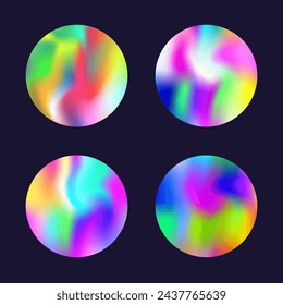 Holographic abstract backgrounds set. Gradient hologram. Rainbow holographic backdrop. Minimalistic 90s, 80s retro style graphic template for placard, presentation, banner, brochure.