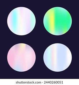 Holographic abstract backgrounds set. Gradient hologram. Stylish holographic backdrop. Minimalistic 90s, 80s retro style graphic template for flyer, poster, banner, mobile app.