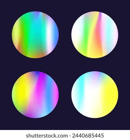 Holographic abstract backgrounds set. Gradient hologram. Colorful holographic backdrop. Minimalistic 90s, 80s retro style graphic template for book, annual, mobile interface, web app.