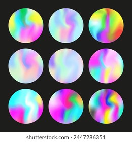 Holographic abstract backgrounds set. Gradient hologram. Stylish holographic backdrop. Minimalistic 90s, 80s retro style graphic template for flyer, poster, banner, mobile app.