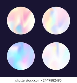 Holographic abstract backgrounds set. Gradient hologram. Stylish holographic backdrop. Minimalistic 90s, 80s retro style graphic template for placard, presentation, banner, brochure.