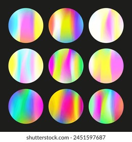 Holographic abstract backgrounds set. Gradient hologram. Spectrum holographic backdrop. Minimalistic 90s, 80s retro style graphic template for brochure, banner, wallpaper, mobile screen.