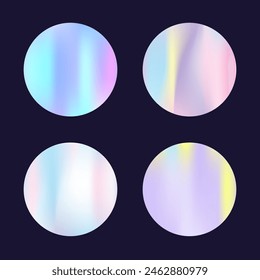 Holographic abstract backgrounds set. Gradient hologram. Rainbow holographic backdrop. Minimalistic 90s, 80s retro style graphic template for placard, presentation, banner, brochure.
