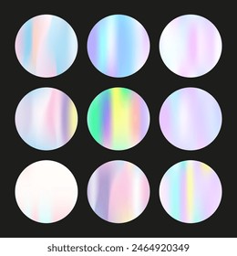 Holographic abstract backgrounds set. Gradient hologram. Colorful holographic backdrop. Minimalistic 90s, 80s retro style graphic template for flyer, poster, banner, mobile app.