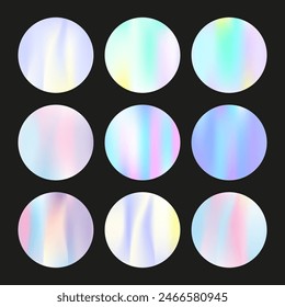 Holographic abstract backgrounds set. Gradient hologram. Stylish holographic backdrop. Minimalistic 90s, 80s retro style graphic template for placard, presentation, banner, brochure.
