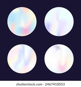 Holographic abstract backgrounds set. Gradient hologram. Bright holographic backdrop. Minimalistic 90s, 80s retro style graphic template for book, annual, mobile interface, web app.