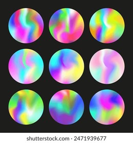 Holographic abstract backgrounds set. Gradient hologram. Retro holographic backdrop. Minimalistic 90s, 80s retro style graphic template for book, annual, mobile interface, web app.