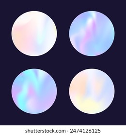 Holographic abstract backgrounds set. Gradient hologram. Stylish holographic backdrop. Minimalistic 90s, 80s retro style graphic template for brochure, banner, wallpaper, mobile screen.