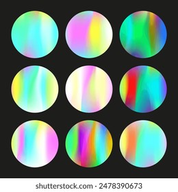 Conjunto de fondos abstractos holográficos. Holograma degradado. Fondo holográfico del arco iris. Minimalista 90s, 80s Plantilla gráfica de estilo retro para flyer, póster, Anuncio, App móvil.