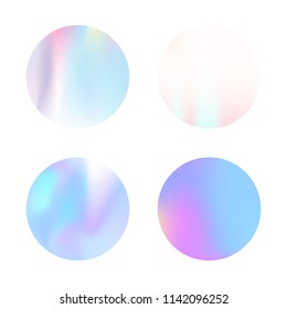 Holographic abstract backgrounds set. Liquid holographic backdrop with gradient mesh. 90s, 80s retro style. Pearlescent graphic template for banner, flyer, cover, mobile interface, web app.