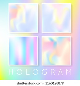 Holographic abstract backgrounds set. Liquid holographic backdrop with gradient mesh. 90s, 80s retro style. Pearlescent graphic template for banner, flyer, cover, mobile interface, web app.