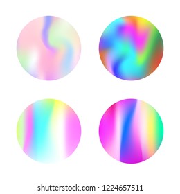 Holographic abstract backgrounds set. Liquid holographic backdrop with gradient mesh. 90s, 80s retro style. Iridescent graphic template for brochure, flyer, poster, wallpaper, mobile screen.