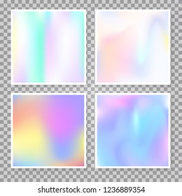 Holographic abstract backgrounds set. Liquid holographic backdrop with gradient mesh. 90s, 80s retro style. Iridescent graphic template for banner, flyer, cover, mobile interface, web app.