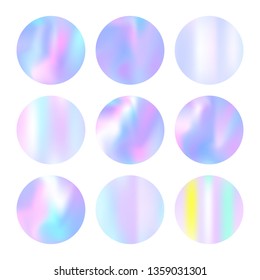 Holographic abstract backgrounds set. Liquid holographic backdrop with gradient mesh. 90s, 80s retro style. Pearlescent graphic template for brochure, flyer, poster, wallpaper, mobile screen.