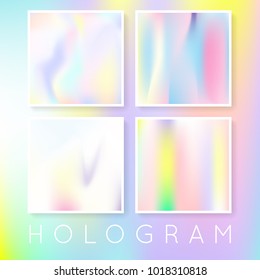 Holographic abstract backgrounds set. Minimal holographic backdrop with gradient mesh. 90s, 80s retro style. Pearlescent graphic template for brochure, flyer, poster, wallpaper, mobile screen.