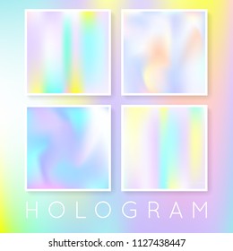 Holographic abstract backgrounds set. Minimal holographic backdrop with gradient mesh. 90s, 80s retro style. Iridescent graphic template for brochure, flyer, poster, wallpaper, mobile screen.