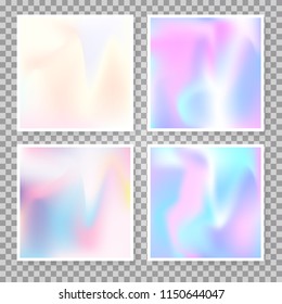 Holographic abstract backgrounds set. Minimal holographic backdrop with gradient mesh. 90s, 80s retro style. Pearlescent graphic template for banner, flyer, cover, mobile interface, web app.