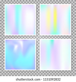 Holographic abstract backgrounds set. Minimal holographic backdrop with gradient mesh. 90s, 80s retro style. Iridescent graphic template for banner, flyer, cover, mobile interface, web app.