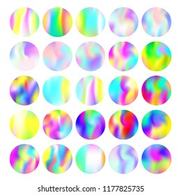 Holographic abstract backgrounds set. Minimal holographic backdrop with gradient mesh. 90s, 80s retro style. Pearlescent graphic template for banner, flyer, cover, mobile interface, web app.