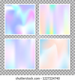 Holographic abstract backgrounds set. Minimal holographic backdrop with gradient mesh. 90s, 80s retro style. Iridescent graphic template for brochure, flyer, poster, wallpaper, mobile screen.
