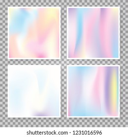 Holographic abstract backgrounds set. Minimal holographic backdrop with gradient mesh. 90s, 80s retro style. Pearlescent graphic template for brochure, flyer, poster, wallpaper, mobile screen.