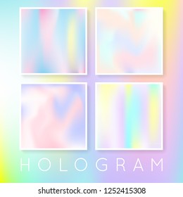 Holographic abstract backgrounds set. Minimal holographic backdrop with gradient mesh. 90s, 80s retro style. Pearlescent graphic template for brochure, flyer, poster, wallpaper, mobile screen.