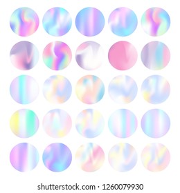 Holographic abstract backgrounds set. Minimal holographic backdrop with gradient mesh. 90s, 80s retro style. Iridescent graphic template for brochure, flyer, poster, wallpaper, mobile screen.