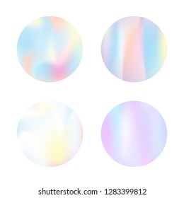 Holographic abstract backgrounds set. Minimal holographic backdrop with gradient mesh. 90s, 80s retro style. Iridescent graphic template for banner, flyer, cover, mobile interface, web app.