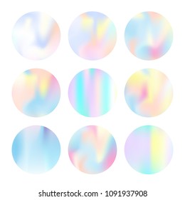 Holographic abstract backgrounds set. Multicolor holographic backdrop with gradient mesh. 90s, 80s retro style. Iridescent graphic template for brochure, flyer, poster, wallpaper, mobile screen.