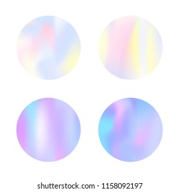 Holographic abstract backgrounds set. Multicolor holographic backdrop with gradient mesh. 90s, 80s retro style. Iridescent graphic template for brochure, flyer, poster, wallpaper, mobile screen.