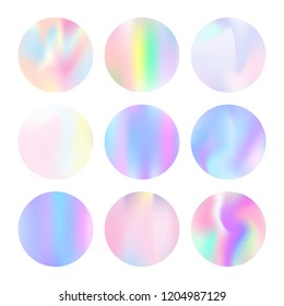 Holographic abstract backgrounds set. Multicolor holographic backdrop with gradient mesh. 90s, 80s retro style. Pearlescent graphic template for brochure, flyer, poster, wallpaper, mobile screen.