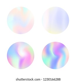Holographic abstract backgrounds set. Multicolor holographic backdrop with gradient mesh. 90s, 80s retro style. Pearlescent graphic template for brochure, flyer, poster, wallpaper, mobile screen.