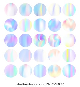 Holographic abstract backgrounds set. Multicolor holographic backdrop with gradient mesh. 90s, 80s retro style. Pearlescent graphic template for banner, flyer, cover, mobile interface, web app.