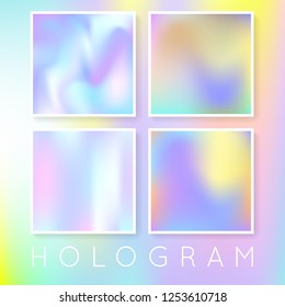 Holographic abstract backgrounds set. Multicolor holographic backdrop with gradient mesh. 90s, 80s retro style. Pearlescent graphic template for banner, flyer, cover, mobile interface, web app.