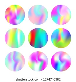 Holographic abstract backgrounds set. Multicolor holographic backdrop with gradient mesh. 90s, 80s retro style. Pearlescent graphic template for brochure, flyer, poster, wallpaper, mobile screen.