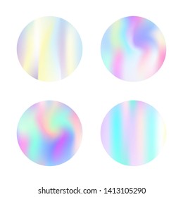 Holographic abstract backgrounds set. Multicolor holographic backdrop with gradient mesh. 90s, 80s retro style. Iridescent graphic template for banner, flyer, cover, mobile interface, web app.