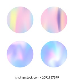 Holographic abstract backgrounds set. Plastic holographic backdrop with gradient mesh. 90s, 80s retro style. Pearlescent graphic template for brochure, flyer, poster, wallpaper, mobile screen.