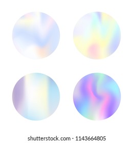 Holographic abstract backgrounds set. Plastic holographic backdrop with gradient mesh. 90s, 80s retro style. Pearlescent graphic template for banner, flyer, cover, mobile interface, web app.