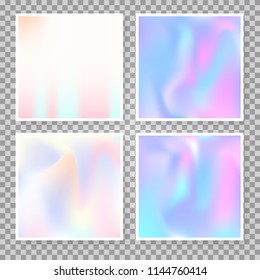 Holographic abstract backgrounds set. Plastic holographic backdrop with gradient mesh. 90s, 80s retro style. Iridescent graphic template for brochure, flyer, poster, wallpaper, mobile screen.