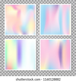 Holographic abstract backgrounds set. Plastic holographic backdrop with gradient mesh. 90s, 80s retro style. Pearlescent graphic template for banner, flyer, cover, mobile interface, web app.