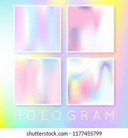 Holographic abstract backgrounds set. Plastic holographic backdrop with gradient mesh. 90s, 80s retro style. Pearlescent graphic template for banner, flyer, cover, mobile interface, web app.